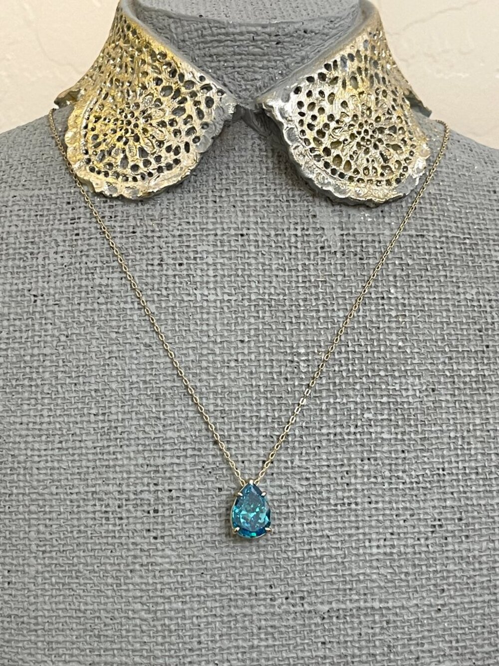 New Melinda Maria Countess Pendant Necklace Aqua Blue Teardrop Gemstone Gold